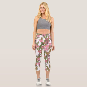 Spring Blooms Floral in Pink, Olive Green Capri Leggings