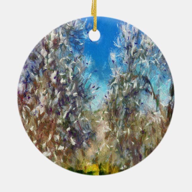 Spring Blossom Almond Tree Pointillism Artwork Ceramic Tree Decoration (Back)