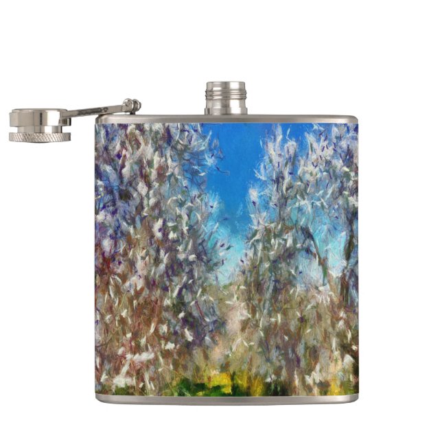 Spring Blossom Almond Tree Pointillism Artwork Hip Flask (Opened)