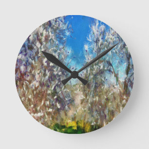 Spring Blossom Almond Tree Pointillism Artwork Round Clock
