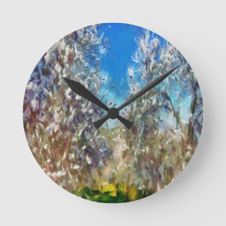 Spring Blossom Almond Tree Pointillism Artwork Round Clock