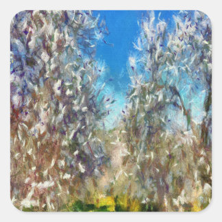Spring Blossom Almond Tree Pointillism Artwork Square Sticker