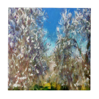 Spring Blossom Almond Tree Pointillism Artwork Tile