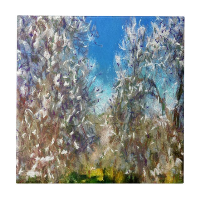 Spring Blossom Almond Tree Pointillism Artwork Tile (Front)