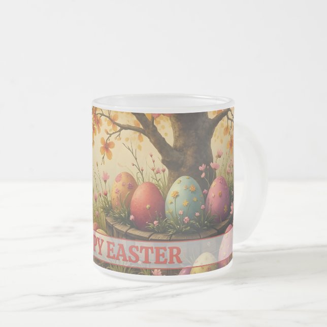 Spring Blossom Magic with Easter Egg Splendour Frosted Glass Coffee Mug (Front Right)