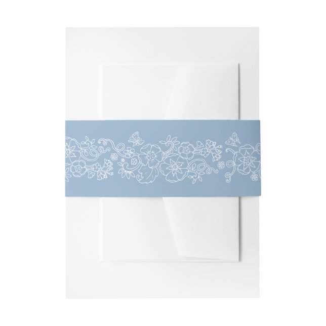 Spring blossom vine butterflies blue white wedding invitation belly band (Front Example)