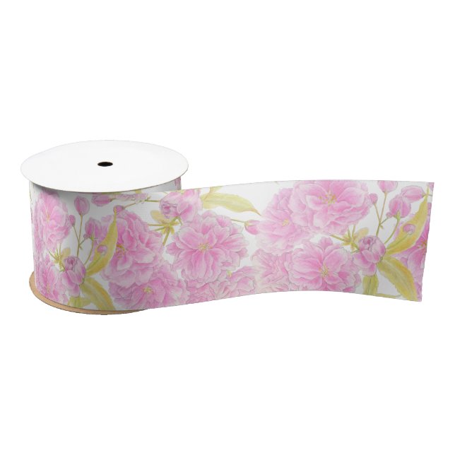 Spring blossom watercolor pink, green white ribbon satin ribbon (Spool)