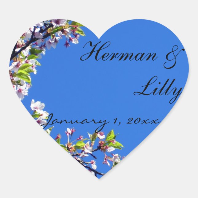 Spring Blossoms and Blue Sky Personalised Wedding Heart Sticker (Front)