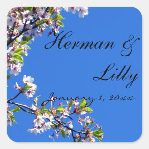 Spring Blossoms and Blue Sky Personalised Wedding Square Sticker