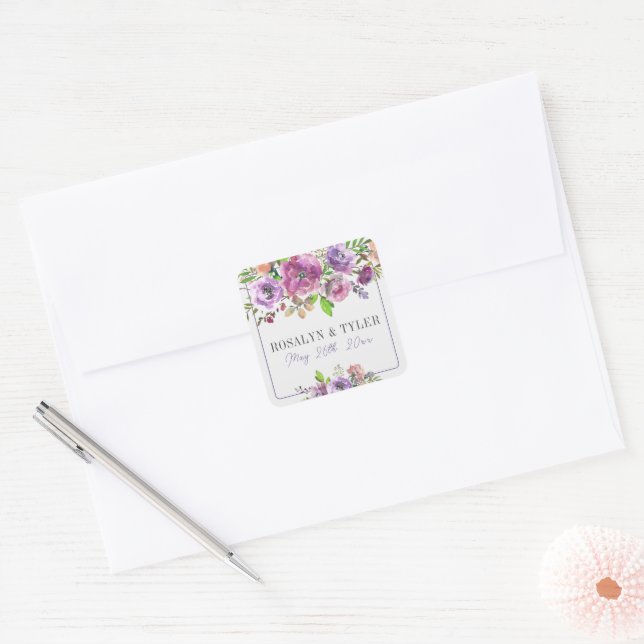 Spring Blossoms Floral Purple Peach Violet Wedding Square Sticker (Envelope)