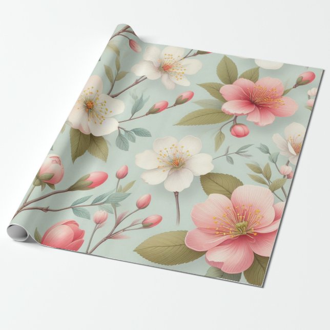 Spring Blossoms in Robin's Egg Blue Wrapping Paper (Unrolled)