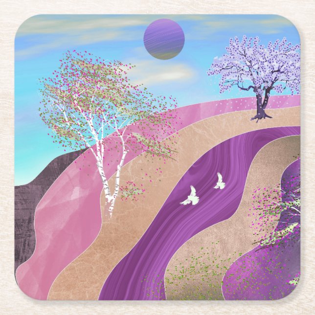 Spring Blossoms Landscape Square Paper Coaster (Front)