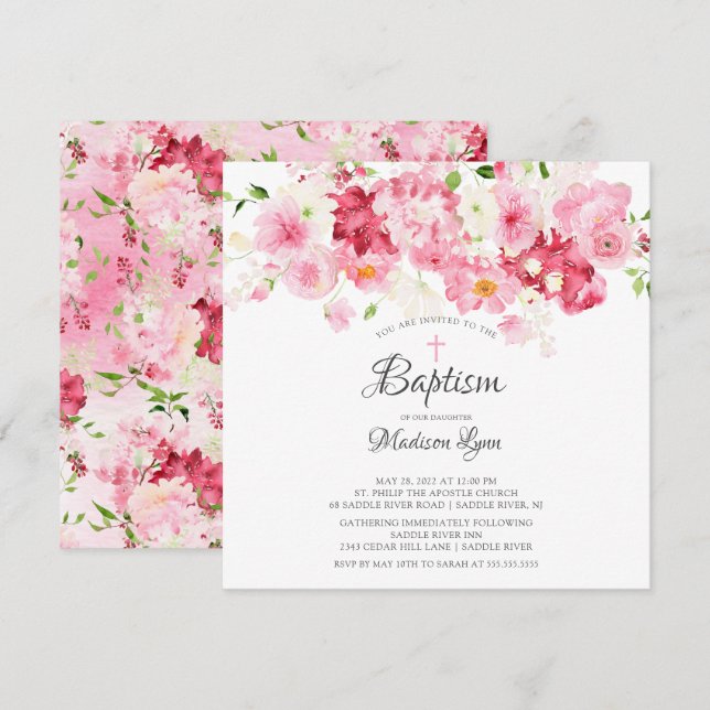Spring Blossoms Pink Floral Baptism Invitation (Front/Back)