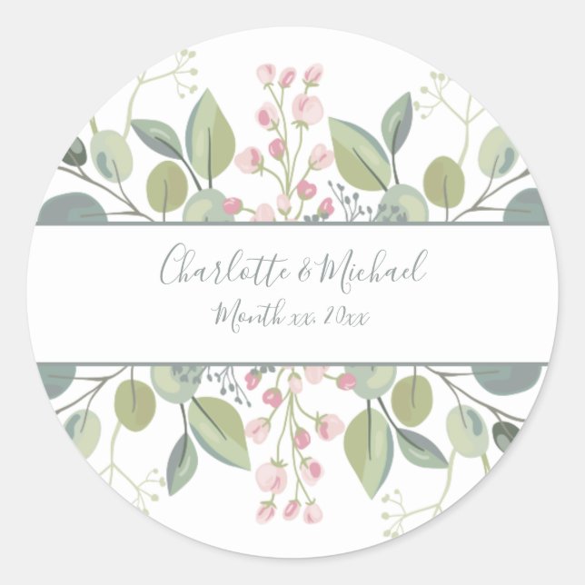 Spring Blossoms Pink Floral Mint Green Wedding Classic Round Sticker (Front)