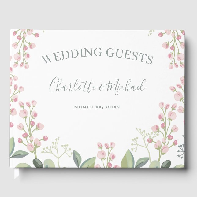 Spring Blossoms Pink Floral Mint Green Wedding Guest Book (Front)