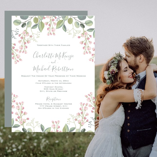 Spring Blossoms Pink Floral Mint Green Wedding  Invitation (Creator Uploaded)