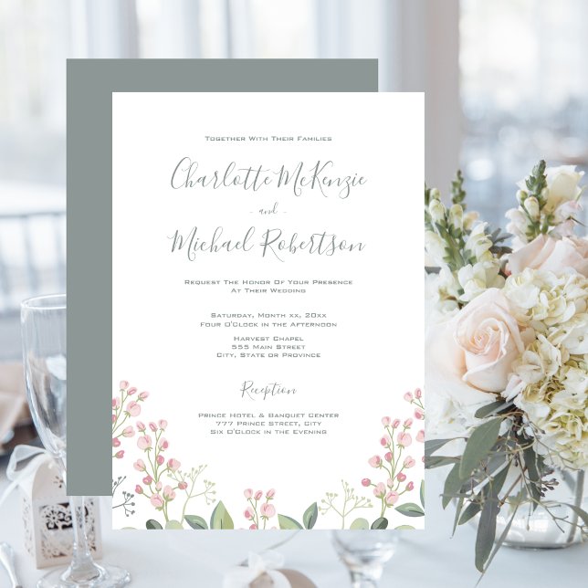 Spring Blossoms Pink Floral Mint Green Wedding Invitation (Spring Blossoms, Pink Blush, Mint Green, Wedding Invitation)
