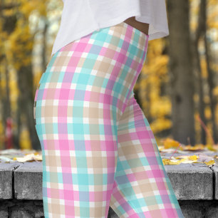Spring Blue and Pink Check Pattern Leggings