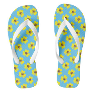 Spring blue and yellow, yellow clovers flip flops