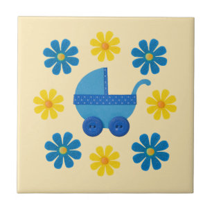 Spring blue baby stroller, yellow, blue flowers tile