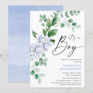 Spring blue floral greenery boy baby shower invitation