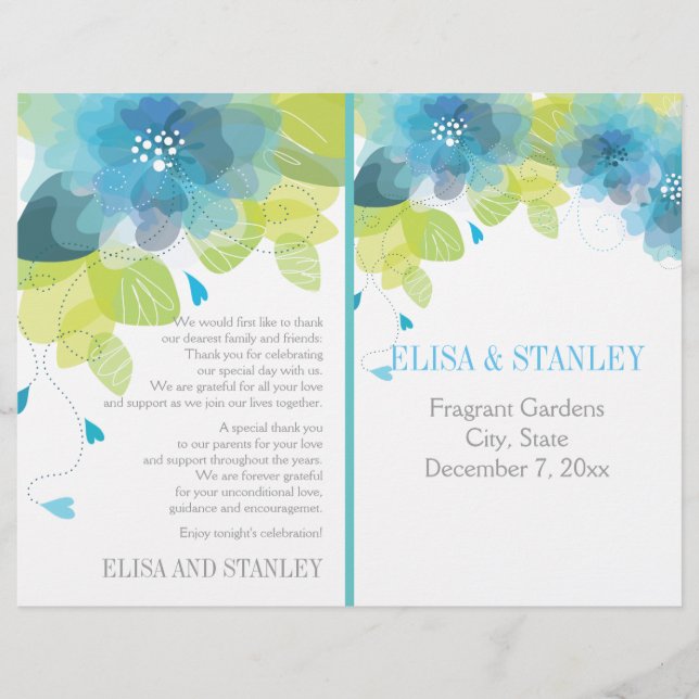 Spring blue flowers floral wedding program (Front)