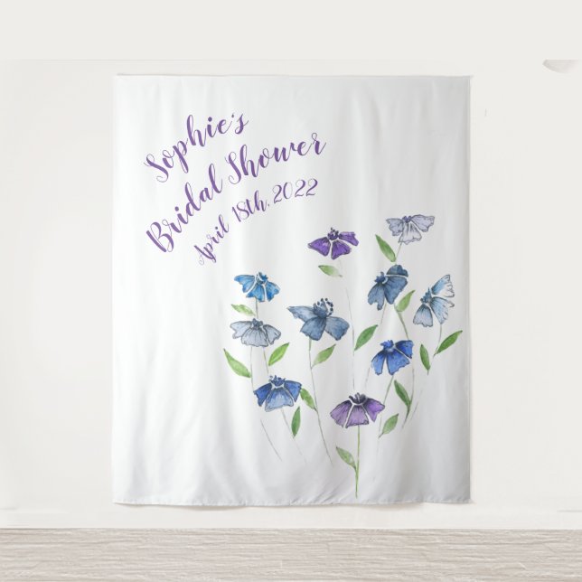 Spring Blue Purple Floral Bridal Shower Backdrop Tapestry (Front)