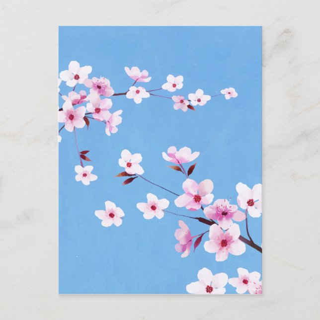 Spring Blue Sky Cherry Blossom Flowers Warecolor Holiday Postcard (Front)