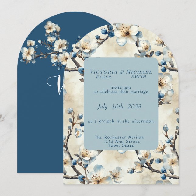 Spring Blue White Blossoms Wedding Invitation (Front/Back)