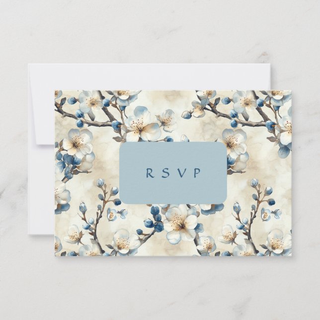 Spring Blue White Blossoms Wedding  RSVP Card (Front)