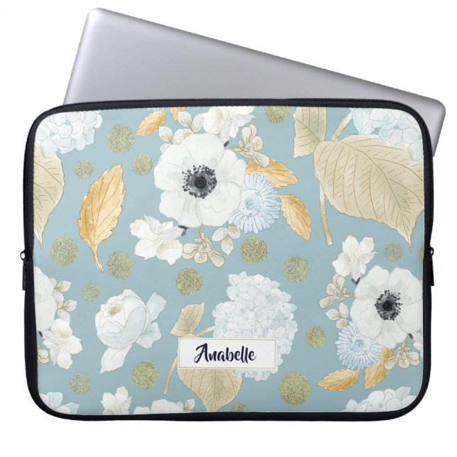 Spring Blue & White Floral Pattern Monogram Laptop Sleeve (Front)
