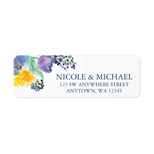 Spring Blue Yellow Watercolor Flowers Return Address Label
