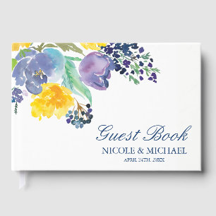 Spring Blue Yellow Watercolor Flowers Wedding Guest Book