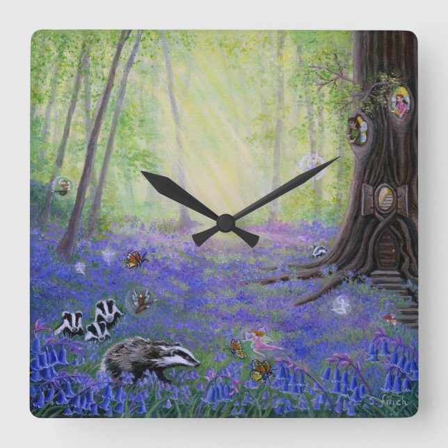Spring Bluebell Fairies Square Wall Clock (Front)