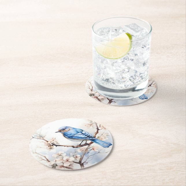 Spring Bluebird in the Blossoming Tree Round Paper Coaster (Insitu)