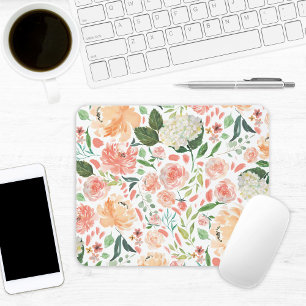 Spring Blush and Peach Watercolor Floral Office Mouse Mat