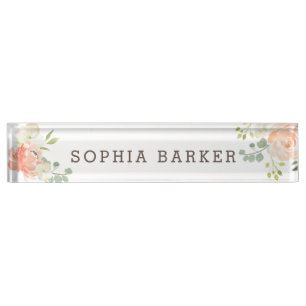 Spring Blush and Peach Watercolor Florals Office Nameplate