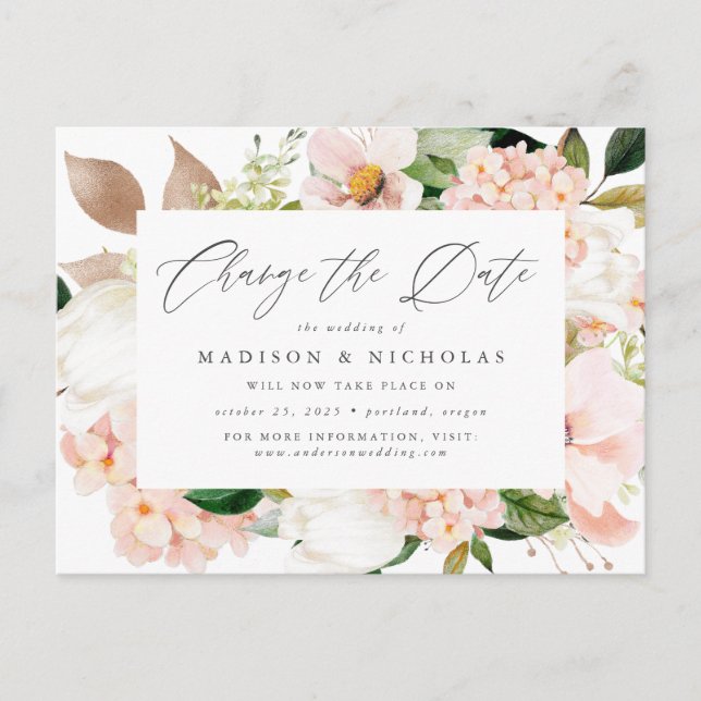 Spring Blush Floral Change the Date Announcement Postcard (Front)