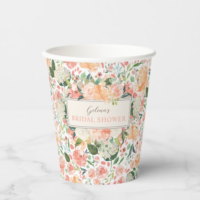 Spring Blush Floral on Custom Colour Bridal Shower Paper Cups (Front)