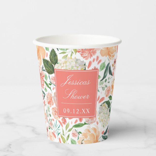 Spring Blush Floral on Custom Colour Bridal Shower Paper Cups (Front)
