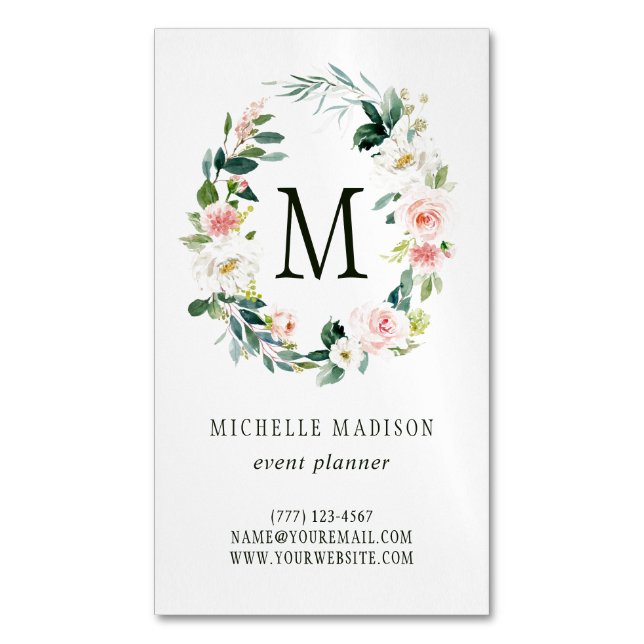 Spring Blush Floral Wreath Monogram Magnetic Business Card (Front Vertical)