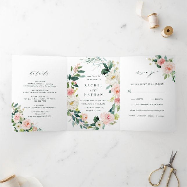 Spring Blush Floral Wreath Wedding Tri-Fold Invitation (Inside)