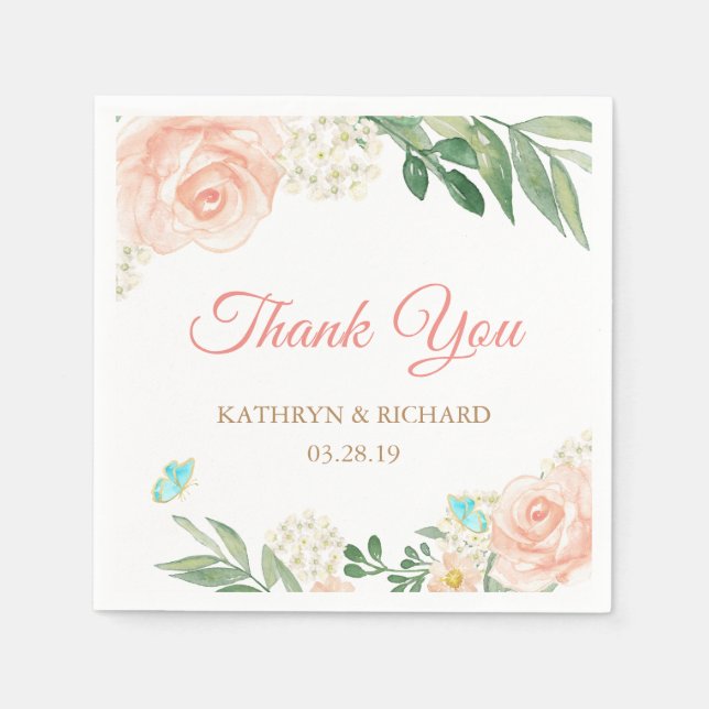 Spring Blush Peach Floral Thank You Wedding Napkin (Front)