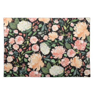 Spring Blush Peach Sage Watercolor Floral Black Placemat