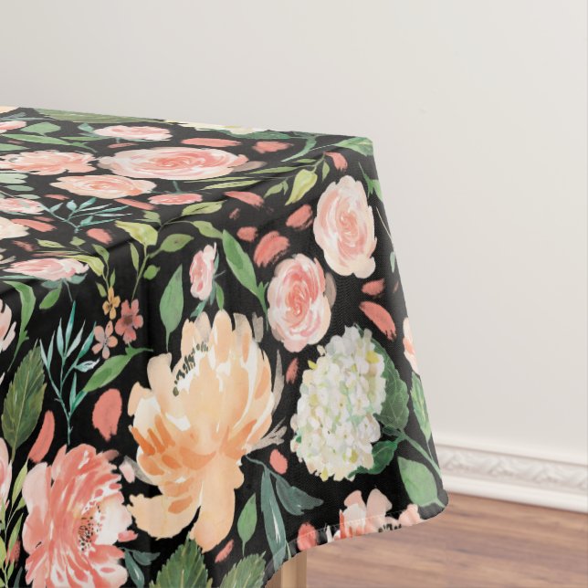 Spring Blush Peach Watercolor Floral Custom Colour Tablecloth (In Situ)