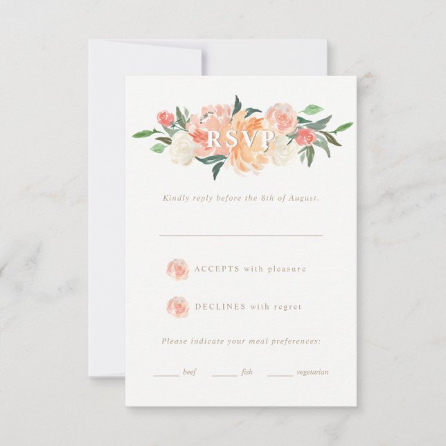 Spring Blush Peach Watercolor Floral Wedding RSVP (Front)