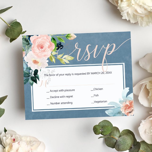 Spring blush pink and dusty blue peonies wedding RSVP card (Creator Uploaded)