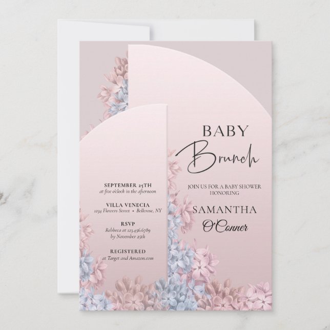 Spring blush pink dusty blue flowers baby brunch invitation (Front)