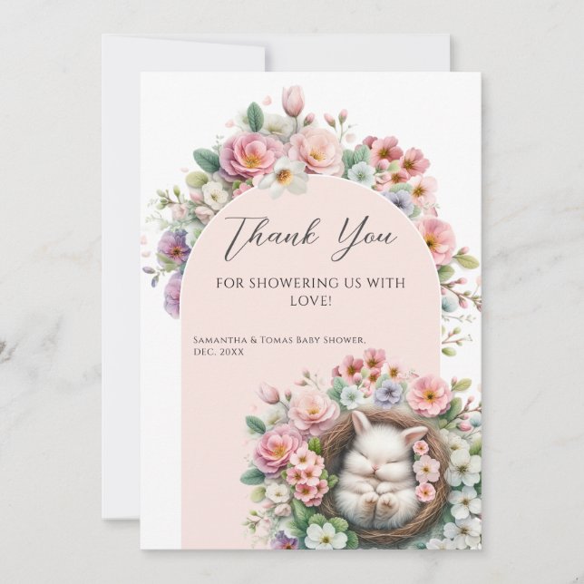 Spring Blush Pink floral bunny Baby Girl Shower Thank You Card (Front)