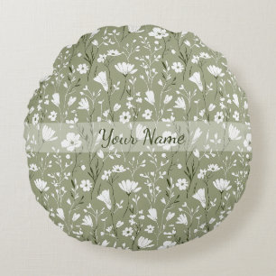 Spring Bobo Wildflowers Sage Green Personalized Round Cushion